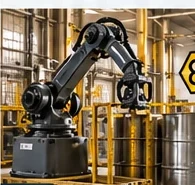 robô industrial operando em área com tambores e sinalização de risco robô industrial operando em área com tambores e sinalização de risco